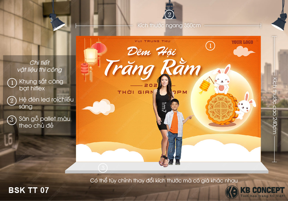 Backdrop Trung thu tone cam ấm áp thỏ trắng cùng bánh trung thu