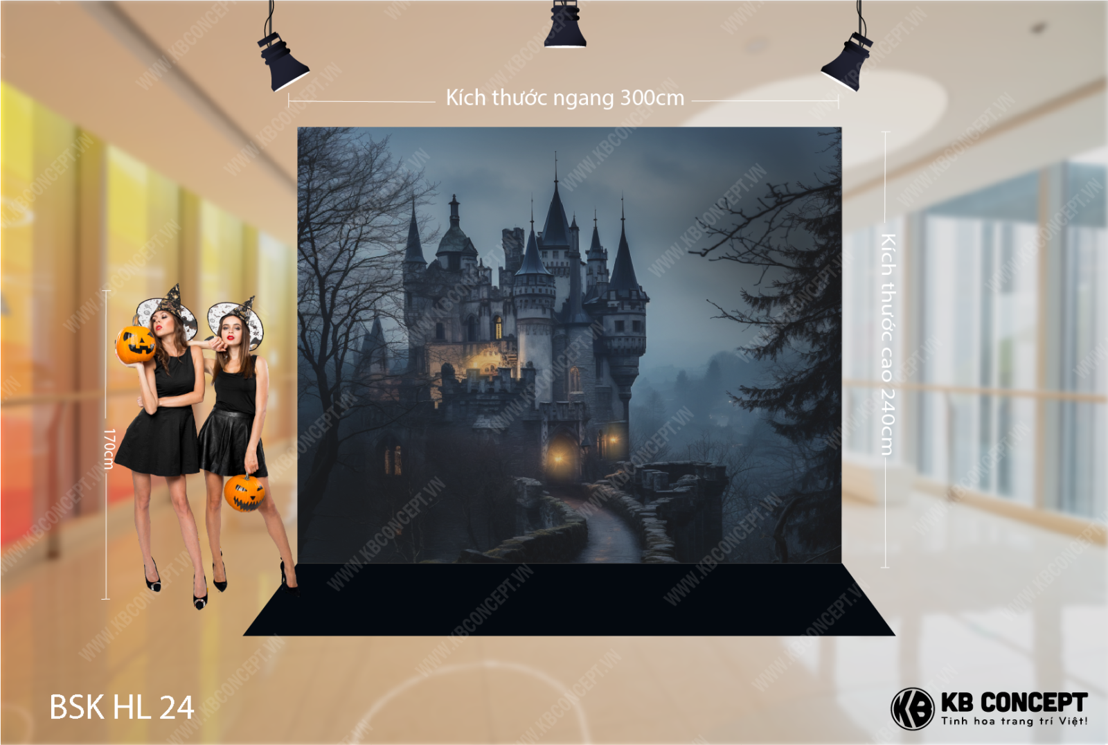 Backdrop Halloween lâu đài bị ám