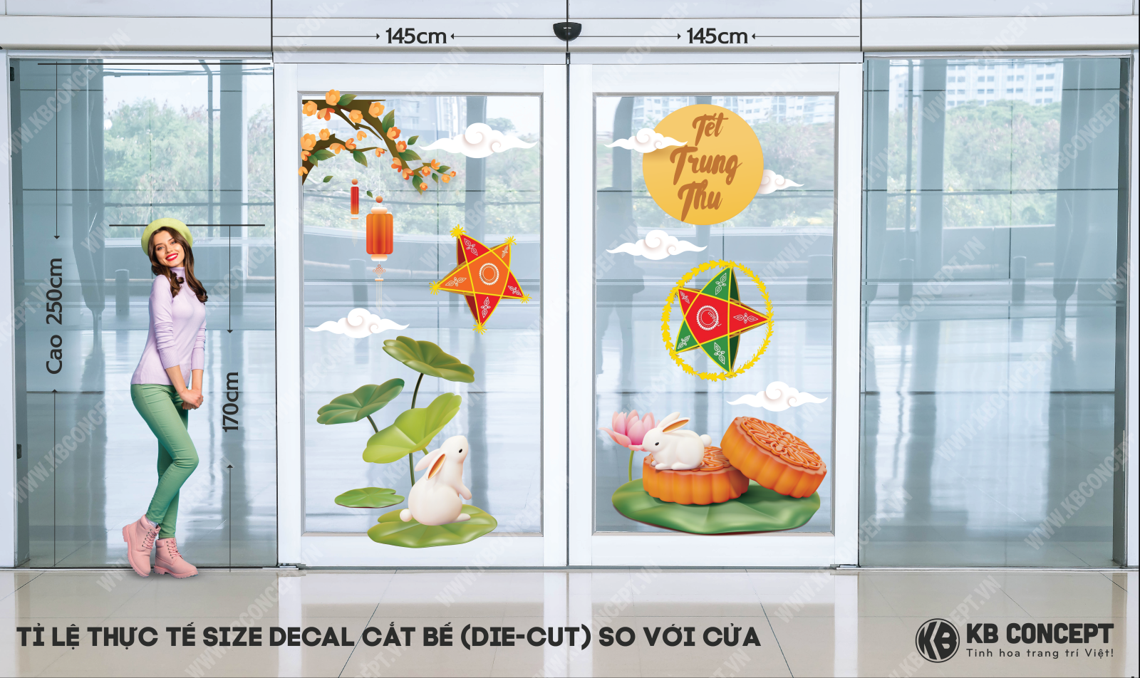 Decal Trung Thu Thỏ trắng cùng hoa sen DDK TT 45