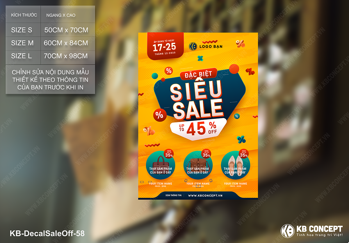 Decal sale off to, mẫu poster sale đặc biệt cửa hàng túi , giày