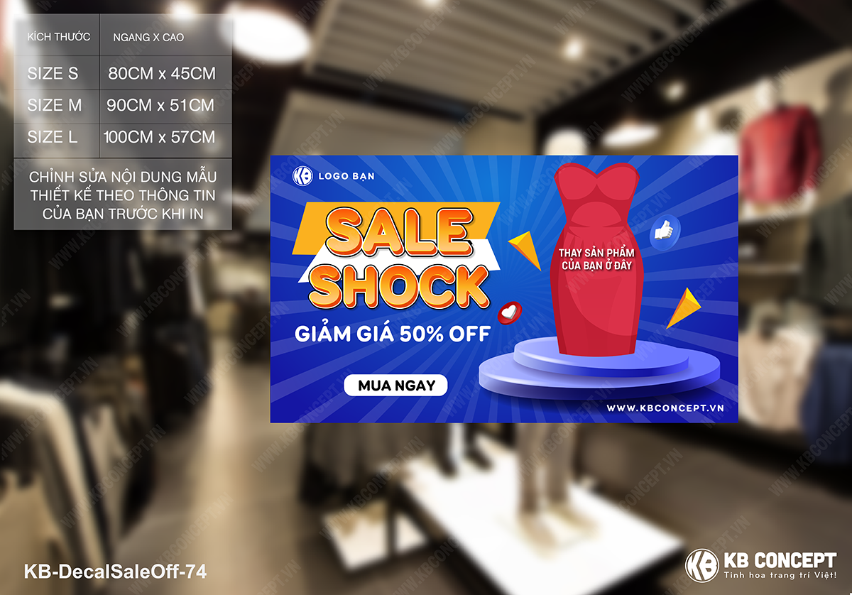 Decal sale off to, mẫu banner SALE SHOCK cửa hàng quần áo