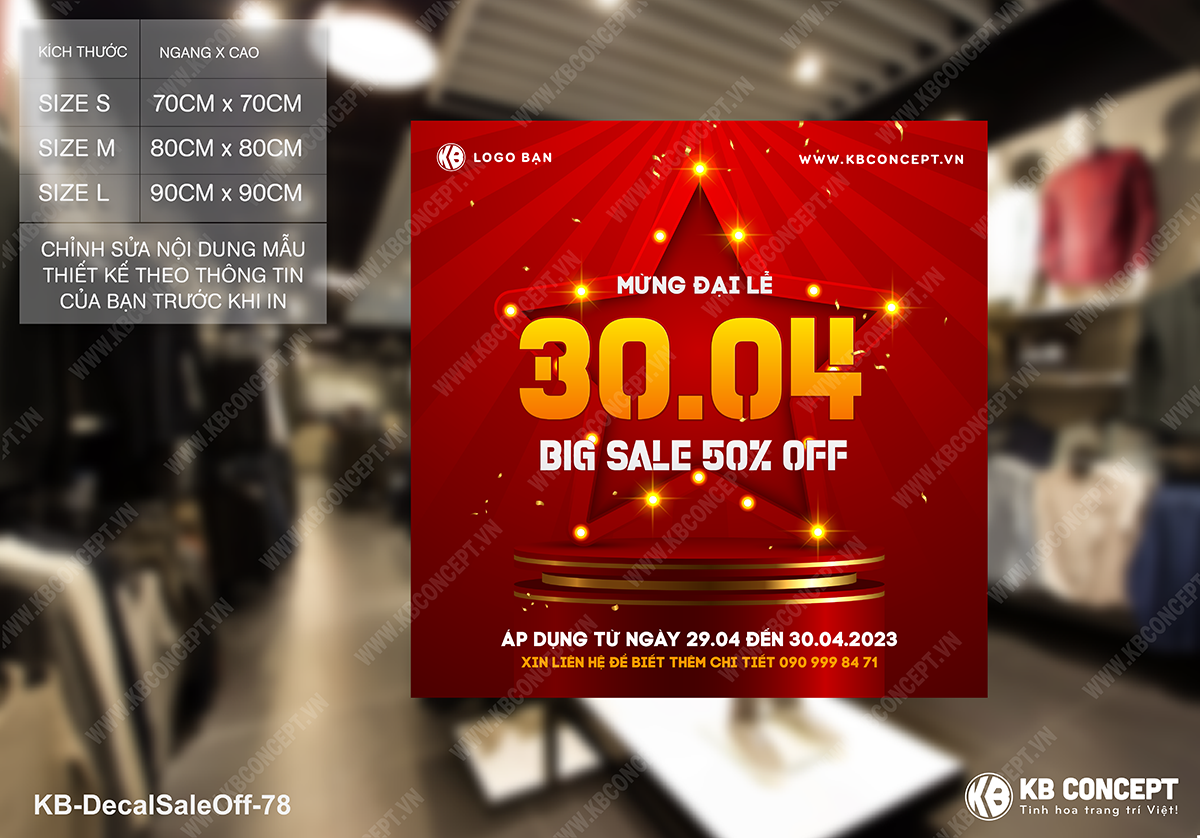 Decal sale off to, mẫu banner vuông SALE mừng lễ 30.04