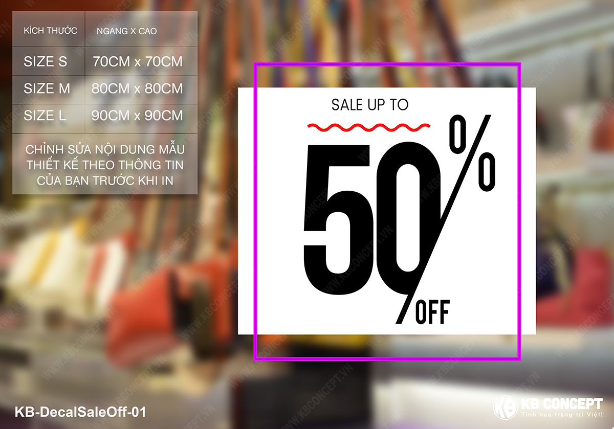 Decal sale off to cắt bế (die-cut), mẫu giảm giả 50%