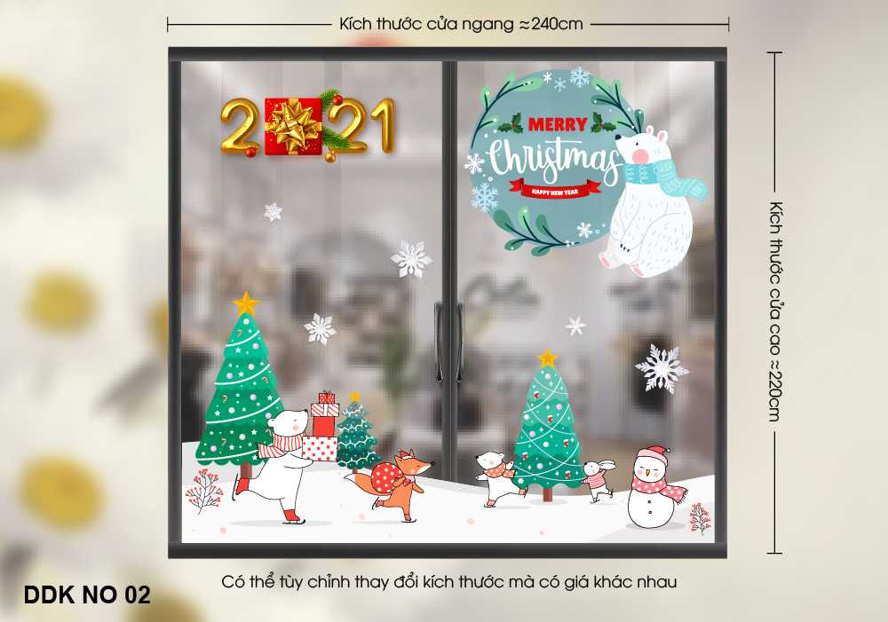 Decal Trang Trí Cửa Lớn Noel Gấu trắng trượt tuyết - DDK NO 02