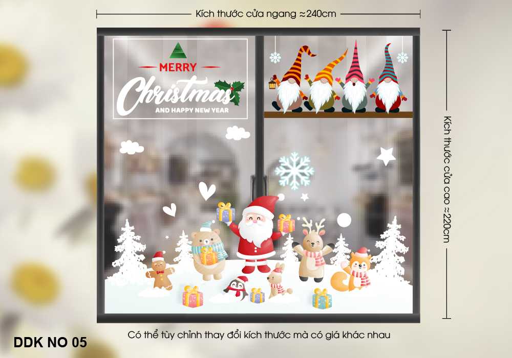 Decal Trang Trí Cửa Lớn Noel Ông già Noel và những chú lùn - DDK NO 05