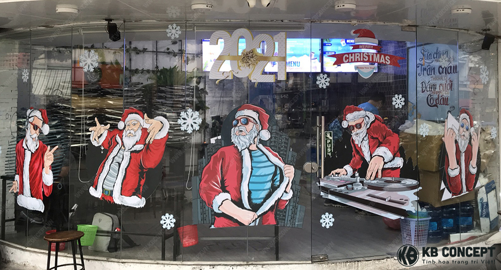 Decal Trang Trí Cửa Lớn hình ông già Noel hiện đại chơi nhạc