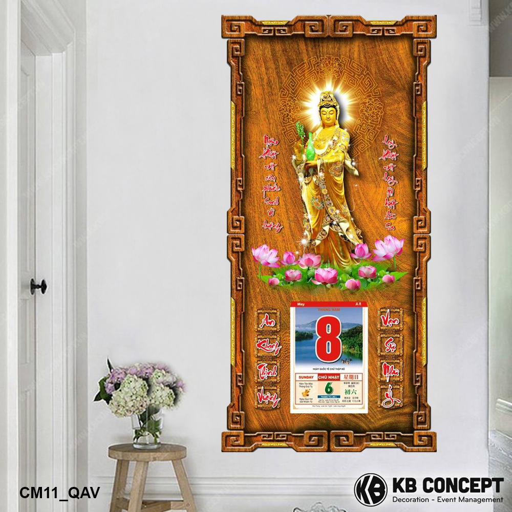 Lịch Gỗ 3D Cao Cấp Phật Quan Âm Vàng - CM11_QAV