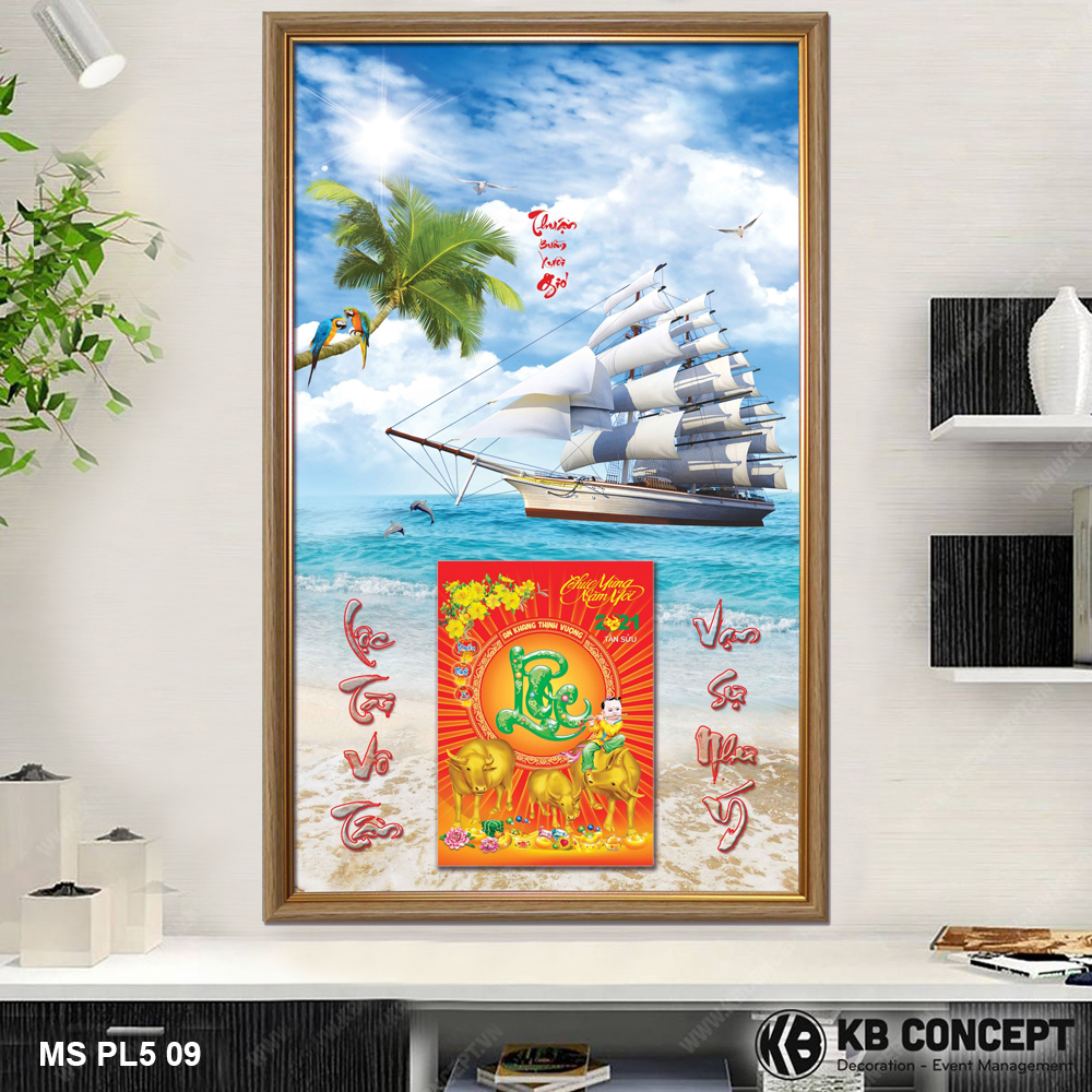 Lịch Gỗ Khung Tranh In 3D Thuận Buồm Xuôi Gió Nền Xanh - MS PL5 09