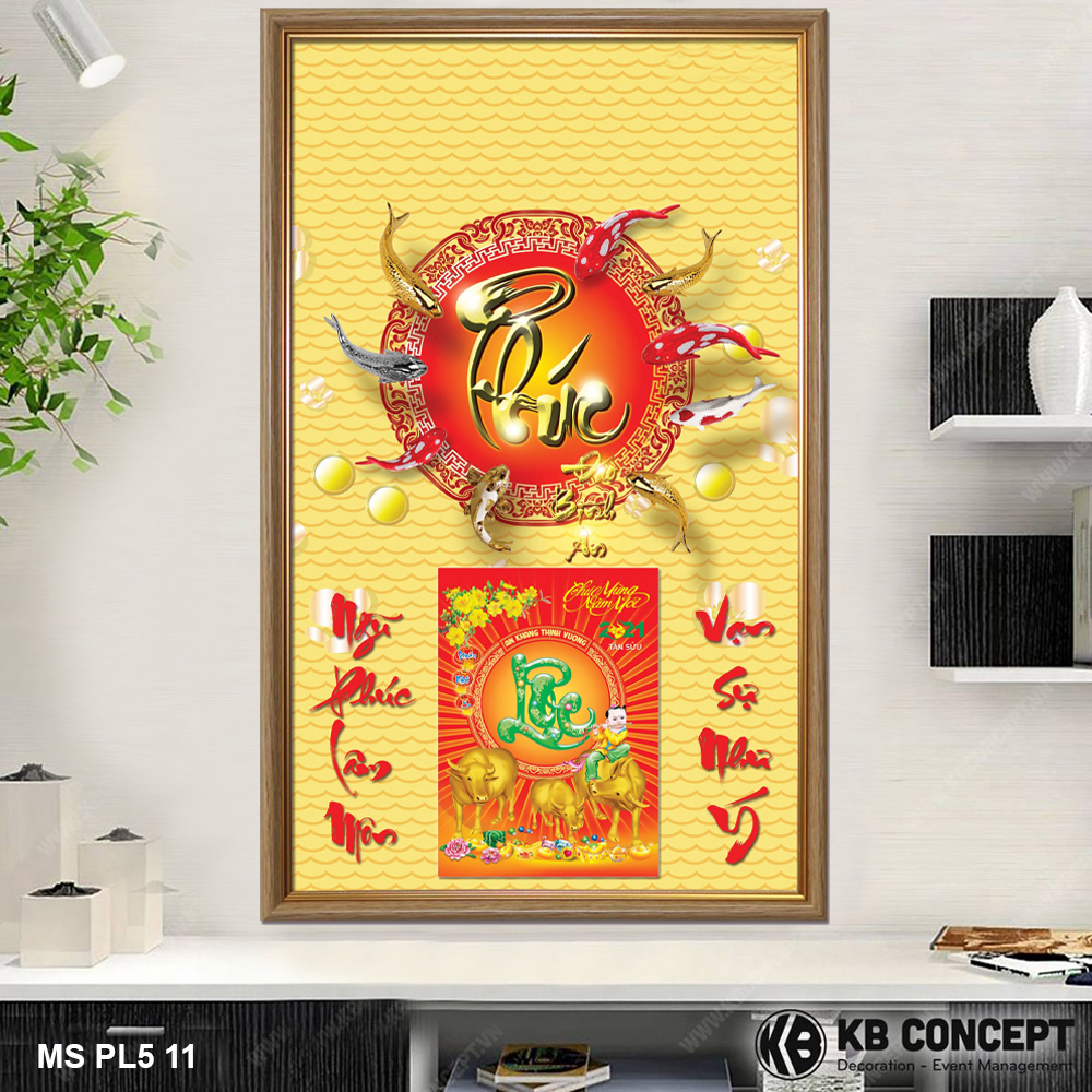 Lịch Gỗ Khung Tranh In 3D Phúc, Cửu Ngư Quần Hội Nền Vàng - MS PL5 11