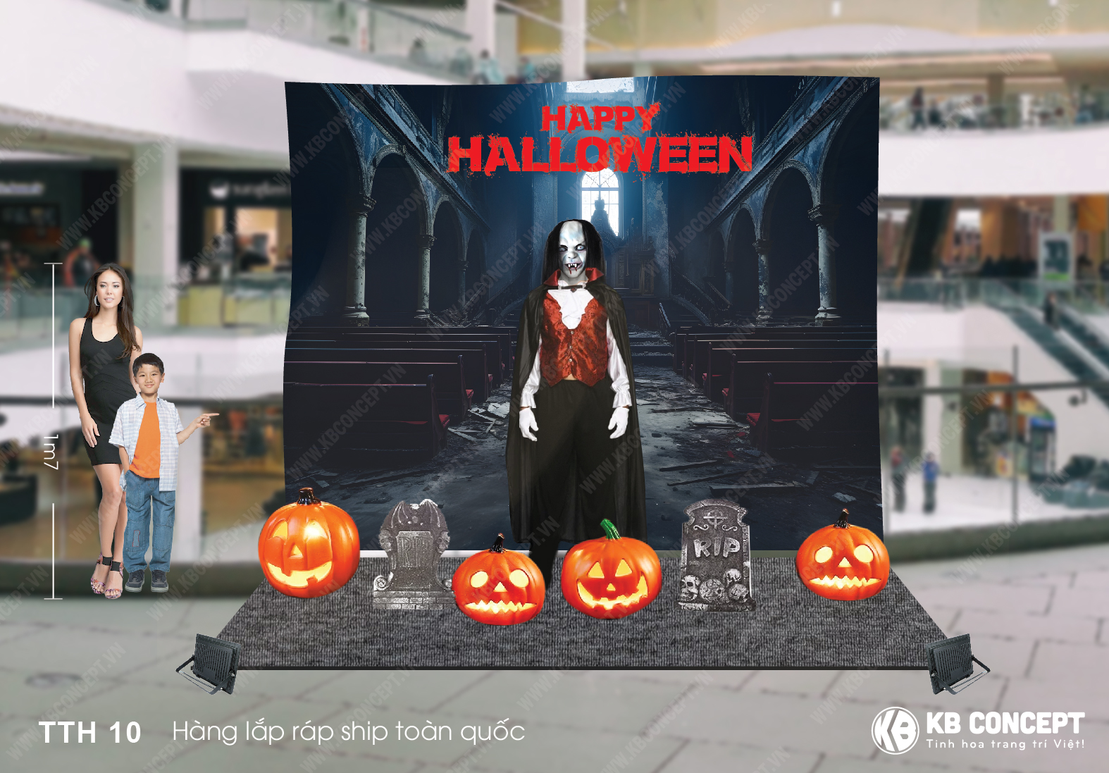 Tiểu cảnh Halloween Dracula Cloak cùng bí ngô ma quái