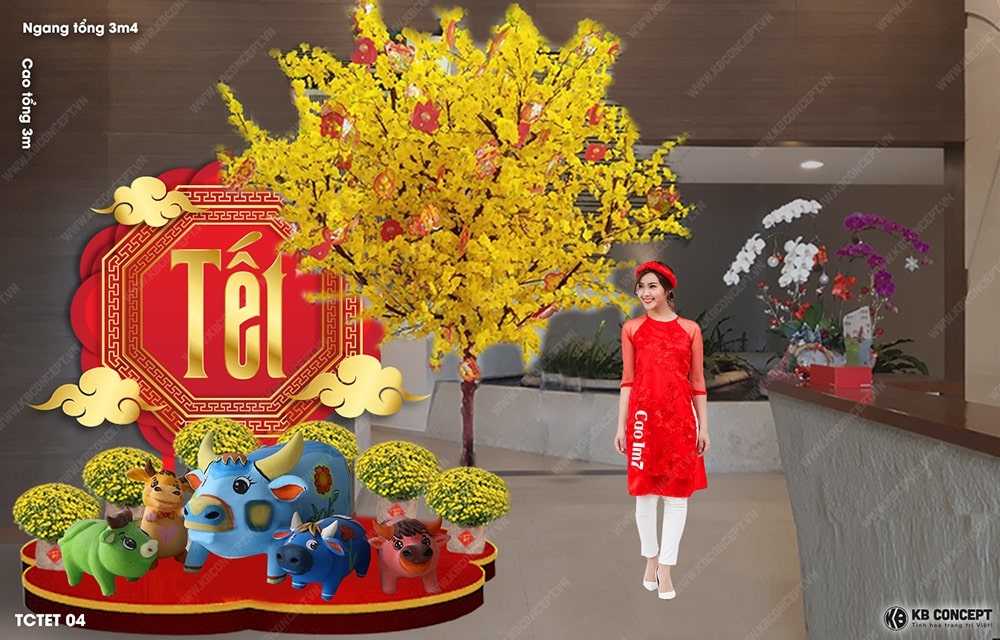 Tiểu cảnh Tết gia đình linh vật Trâu, cây Mai - TCTET 04