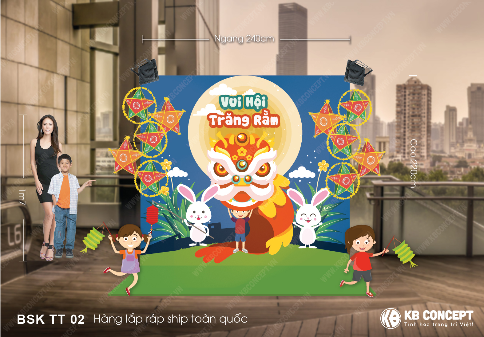 Tiểu cảnh Trung Thu bé cầm đèn chơi múa lân_BSK TT 02