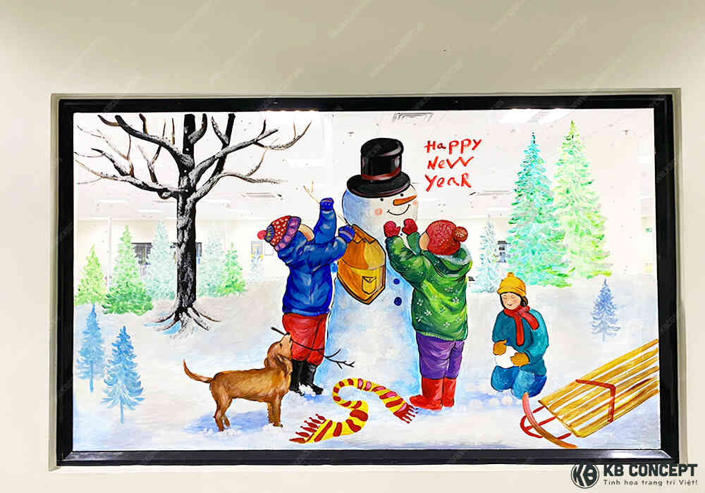 Vẽ art đám trẻ nhỏ chơi đắp người tuyết vào mùa Noel
