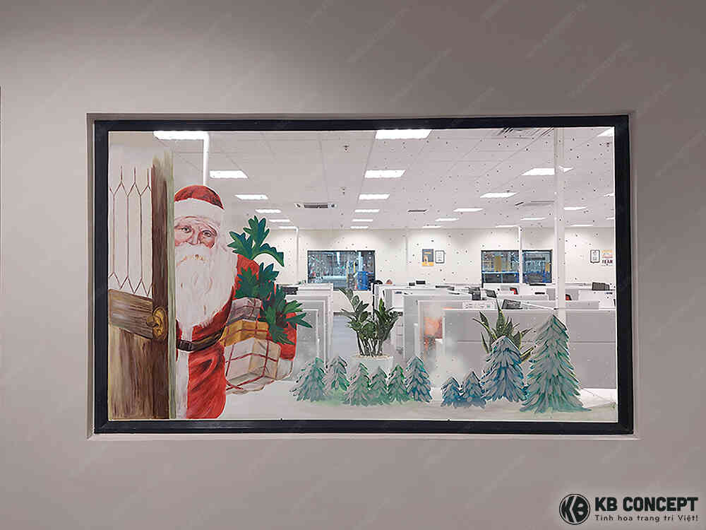 Vẽ art cửa sổ hình ông già Noel cầm quà đứngbên cửa