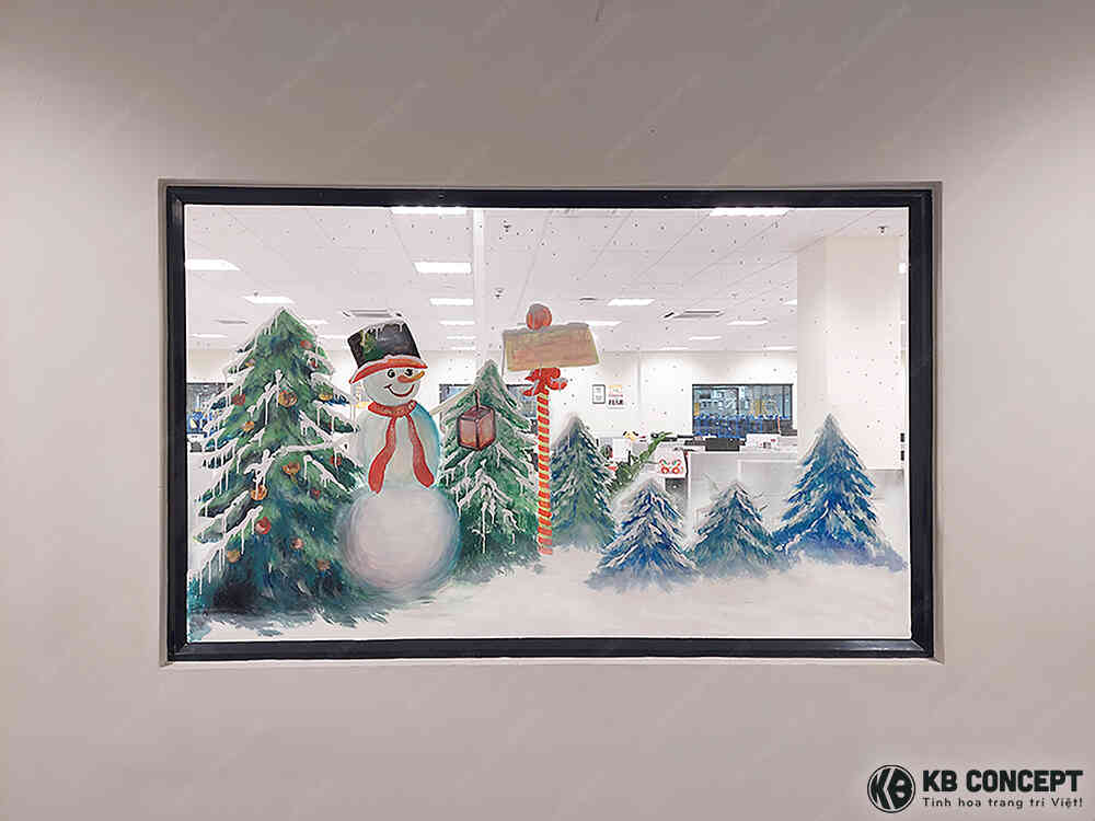 Vẽ art cửa sổ rừng thông cùng người tuyết vào đêm đông Noel