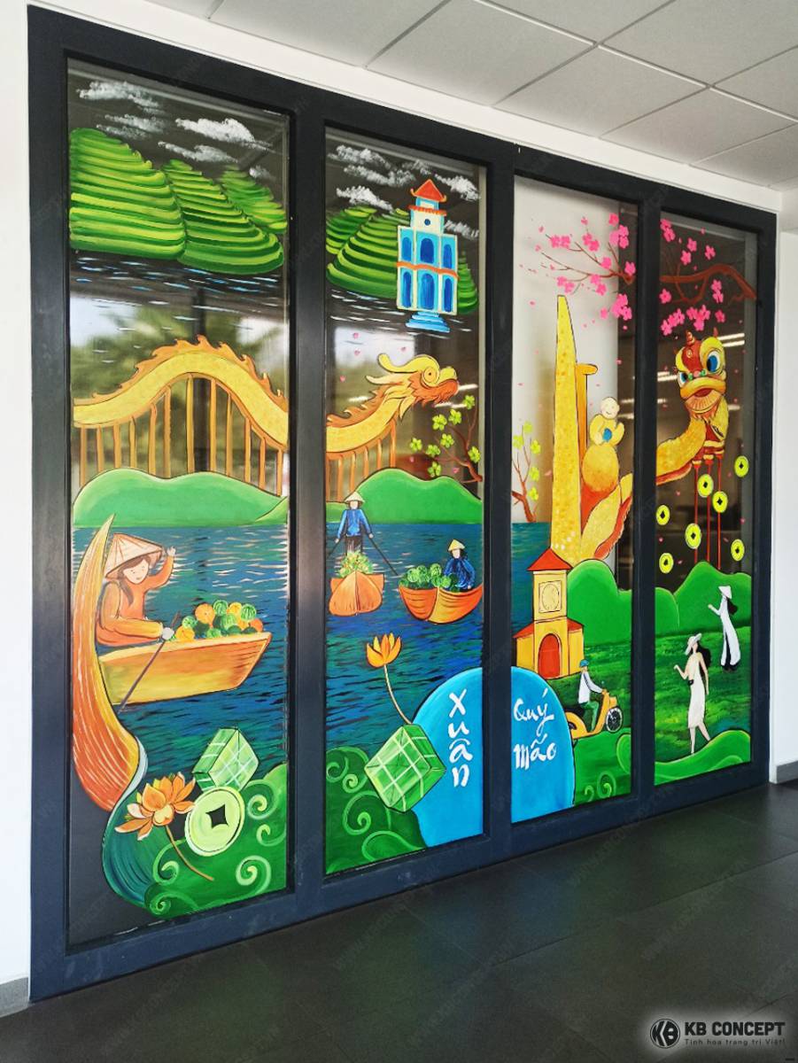 Vẽ art cửa chính mùa Tết cảnh quê hương Việt Nam sông nước